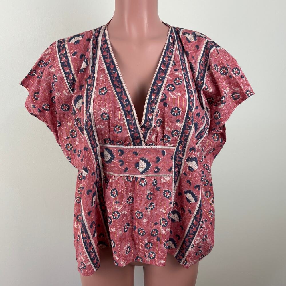 Emerson Fry India Collection NEW Block Print Blouse One Size Pink Blue Metallic